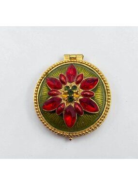 Christopher Radko Enamel Trinket Pill Box Red Poinsettia Flower Gold Tone Round